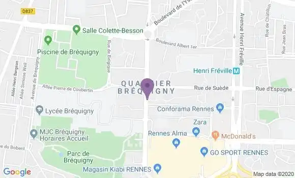 Localisation BNP Paribas Agence de Rennes Centre Alma